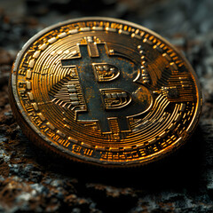 Golden ray of light illuminate a bitcoin, the money of the future. Various bitcoin coins, symbol of new technology and economy. Btc cryptocurrency, new money and investment.