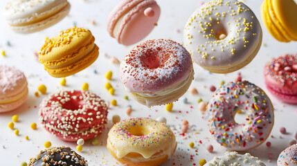 Fototapeta na wymiar Donuts with sprinkles flying on wihite background. . sweet doughnut fly on white background