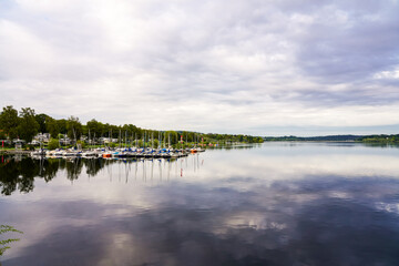 View of the Möhnesee and the surrounding landscape in the evening. Nature near Körbecke.