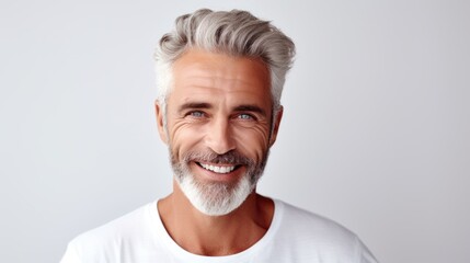A closeup photo portrait of a handsome old mature man smiling with clean teeth. for a dental ad. guy with fresh stylish hair and beard with strong jawline. isolated on white background - obrazy, fototapety, plakaty