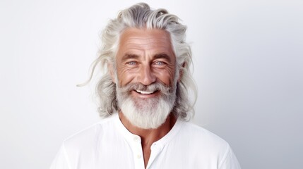 A closeup photo portrait of a handsome old mature man smiling with clean teeth. for a dental ad. guy with fresh stylish hair and beard with strong jawline. isolated on white background