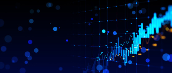 Creative growing forex chart on blue bokeh grid background. Trade, money, finance and success concept. 3D Rendering.