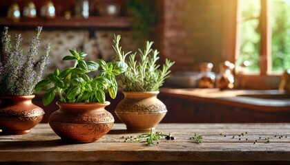 Rosemary, thyme, basil in clay pots on a wooden counter. A retro-style kitchen in the background. Home herbarium, background