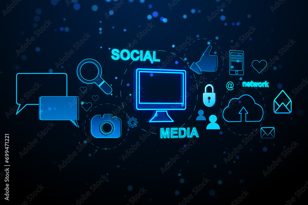 Poster creative social media interface with emails, speech bubbles, mobile internet, cloud computing and ot