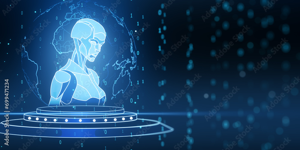 Leinwandbilder Abstract glowing robot hologram with globe. Artificial intelligence, machine learning and chat gpt concept. 3D Rendering.