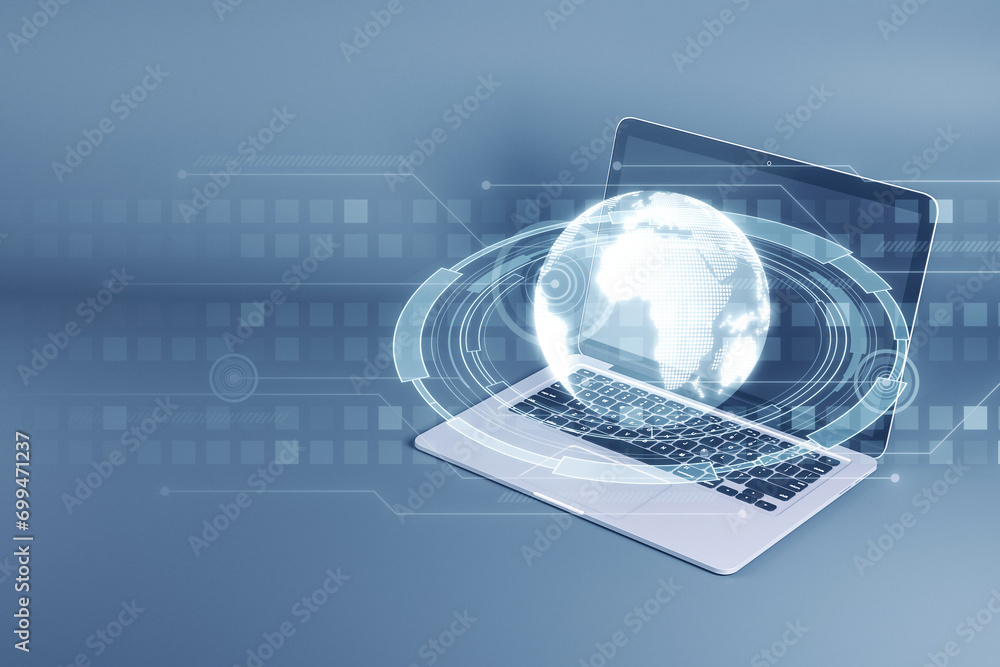 Poster close up of laptop with creative glowing globe hologram on blurry background. metaverse, device, map