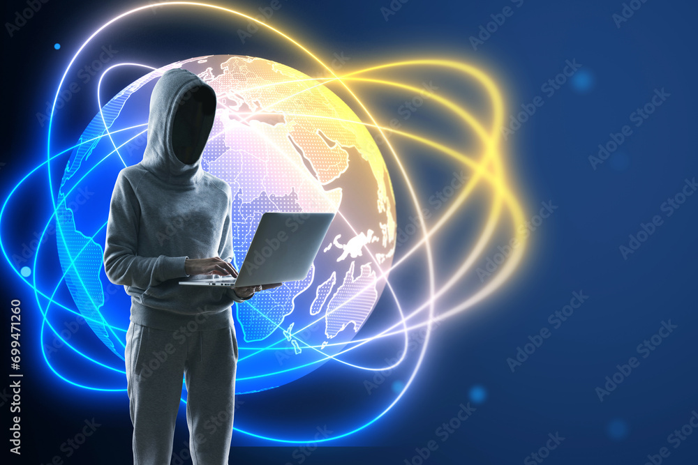 Aufkleber Hacker using laptop with creative glowing globe hologram on blurry background. Metaverse, hacking, map and global network concept.