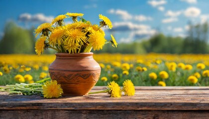 Bukiet żółtych kwiatów mniszka lekarskiego na drewnianym blacie. W tle wiosenny krajobraz z łąką pełną żółtych mleczy - obrazy, fototapety, plakaty