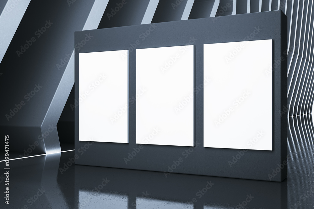 Poster Modern futuristic gray hallway interior with reflections with blank mock up frames. Spaceship concept. 3D Rendering.