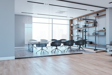 Bright meeting room interior with window and city view, waiting area. 3D Rendering.