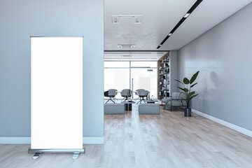 Modern meeting room interior with empty white mock up, roll-up billboard, window and city view,...