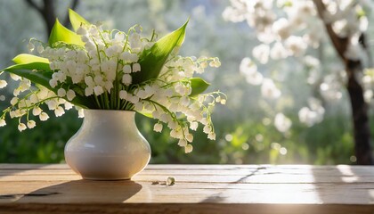 Obraz premium Konwalie w wazonie na drewnianym blacie. W tle ogród z kwitnącymi na biało drzewami. Wiosenne tło