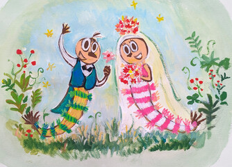 毛虫の結婚式で、毛虫が花束を持ってスマイルしている、水彩、手描き、イラスト