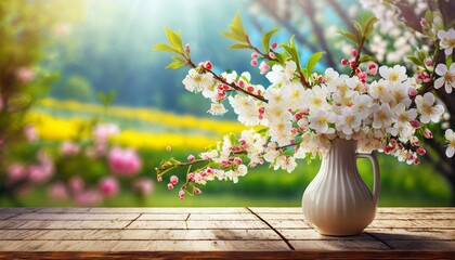 Białe gałązki wiśni pokryte białymi kwiatami w wazonie na drewnianym blacie. W tle kwitnące rośliny ogrodowe. Wiosenne tło - obrazy, fototapety, plakaty