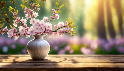 Gałązki pokryte różowymi kwiatami w wazonie na drewnianymi blacie, w tle kwitnący ogród. Wiosenne tło z miejscem na tekst - obrazy, fototapety, plakaty