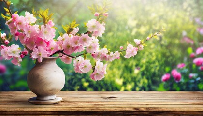 Twigs covered with pink flowers in a vase on a wooden tabletop, with a blooming garden in the background. Spring background with space for text
