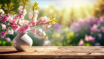 Twigs covered with pink flowers in a vase on a wooden tabletop, with a blooming garden in the background. Spring background with space for text - obrazy, fototapety, plakaty