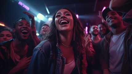 A group of diverse young friends singing at a karaoke party in a night club, laughing and having fun together - obrazy, fototapety, plakaty