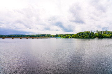 View of the Möhnesee and the surrounding landscape in the evening. Nature near Körbecke.