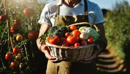 Mężczyzna trzymający w rękach kosz z warzywami. Ogrodnictwo, uprawa warzyw, jedzenie organiczne