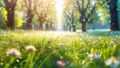 Wiosenne tło z trawą, kwiatami i drzewami skąpanymi w promieniach słońca.