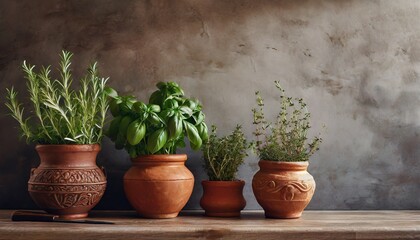Rosemary, thyme, basil in clay pots. Home herbarium, background