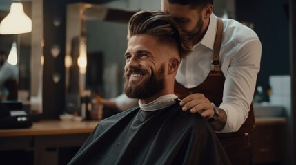 A handsome model man with a beard in the hairdresser barbershop salon gets a new haircut trim and style it. sitting on the chair and talks to the hairstylist barber. guy smiling - obrazy, fototapety, plakaty