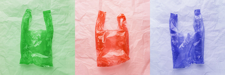 Plastic free concept, top view crumpled plastic bag crumpled on wrinkled paper background....