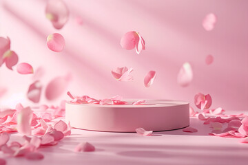 Minimal Pink Beauty Podium with Falling Petals for Cosmetic Presentation