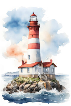 Watercolor illustration of a lighthouse on a rocky island in the ocean.