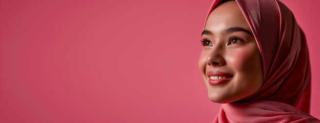 A Muslim woman in pink hijab, her smile radiating happiness, on a soft pink background, ideal for a...