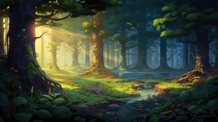 sunlit path through enchanted woods. a serene forest trail with warm morning rays for storybook themes