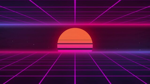 4K futuristic synthwave 80s style retro background video. Sci-fi seamless looping animation with two grid and the sunset in the middle.