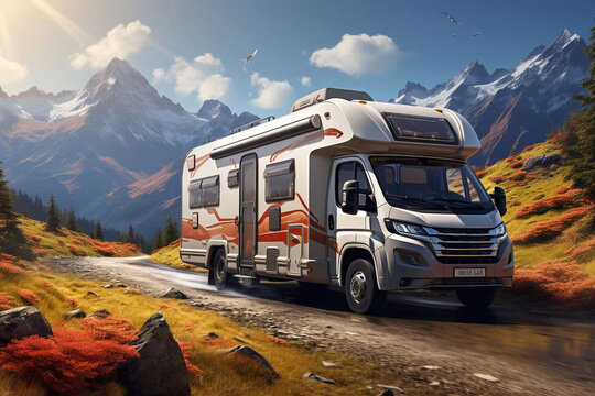 Camper van drives on the road against the background of mountains and forest. Generative AI