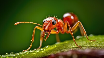 A closeup macro shot of a small tiny red ant on a leaf