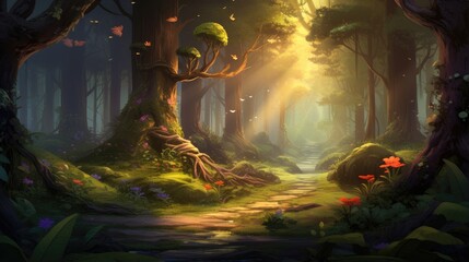 enchanted forest scenery with mystical sunrays. magical woodland landscape for fantasy backgrounds - obrazy, fototapety, plakaty