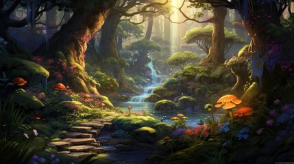 fairytale woodland at dawn. serene forest with golden light streaming through trees for storybook illustrations - obrazy, fototapety, plakaty