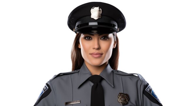 A closeup photo a white latina american nyc female police office with uniform and hat standing. isolated on white background