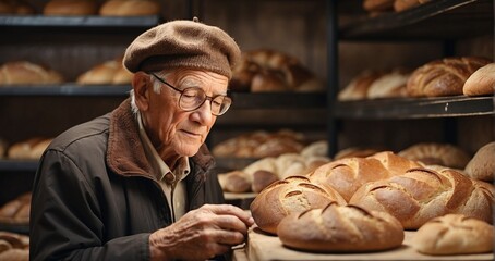 An elderly gentleman with a beret, examining different types of artisanal bread at a local bakery hyper-realistic, lifelike, ultra-detailed, wide-angle lens -Generative Ai - obrazy, fototapety, plakaty