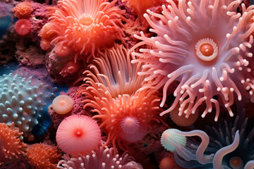 Fototapeta na wymiar Macro exploration of vibrant coral polyps underwater, revealing the intricate ecosystem beneath the ocean's surface.