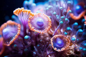 Naklejka na ściany i meble Macro exploration of vibrant coral polyps underwater, revealing the intricate ecosystem beneath the ocean's surface.