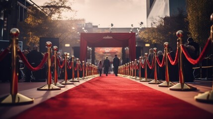 A empty red carpet waiting for the arrival of the famous star celebrities. paparazzi and journalists with photo and video cameras - obrazy, fototapety, plakaty