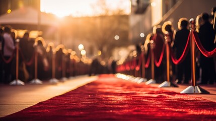 A empty red carpet waiting for the arrival of the famous star celebrities. paparazzi and journalists with photo and video cameras - obrazy, fototapety, plakaty