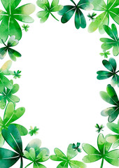 Frame of clover for Happy Patricks day postcard with copyspace, template for invitation to Irish holiday for print. Digital watercolor illustration