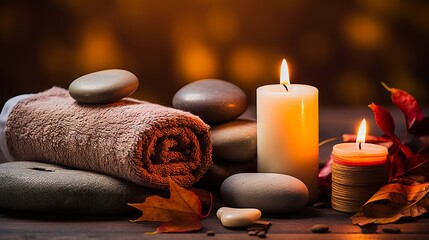Obraz na płótnie Canvas Relaxing autumn spa setting with candles, stones and towel in warm colors