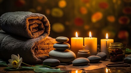 Relaxing autumn spa setting with candles, stones and towel in warm colors - obrazy, fototapety, plakaty