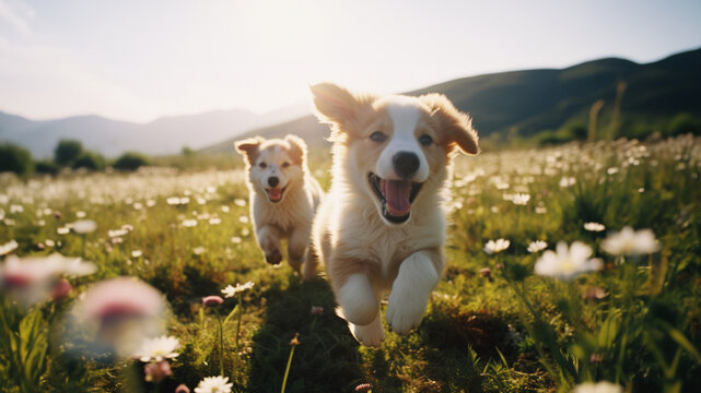 A heartwarming image of adorable puppies frolicking in a sunlit meadow, ideal for promoting a sense of joy, playfulness, and carefree living.