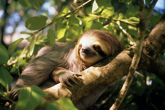 A relaxed image of a sloth lounging in a tree, radiating tranquility, slow-paced living, and the beauty of taking it easy.