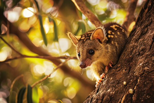 A spotted quoll perched on a tree branch in Tasmania's dense woodland, taken in the soft glow of twilight