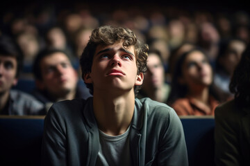 20-year-old autistic college student in a lecture hall, appearing distressed by the close proximity and chatter of other students, highlighting the sensory and social challenges in educational environ - obrazy, fototapety, plakaty